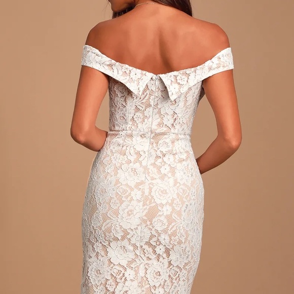 BRAND NEW WITH TAGS LULUS TABLE FOR TWO OFF THE SHOULDER DRESS IN WHITE/NUDE - Picture 3 of 5